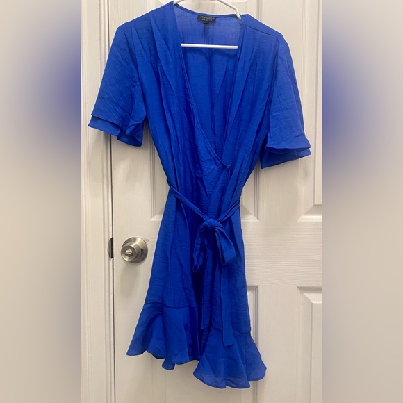 SOLD! Topshop Royal Blue V-Neck Wrap Tie Riffle Mini Dress 6 - Picture 3 of 13